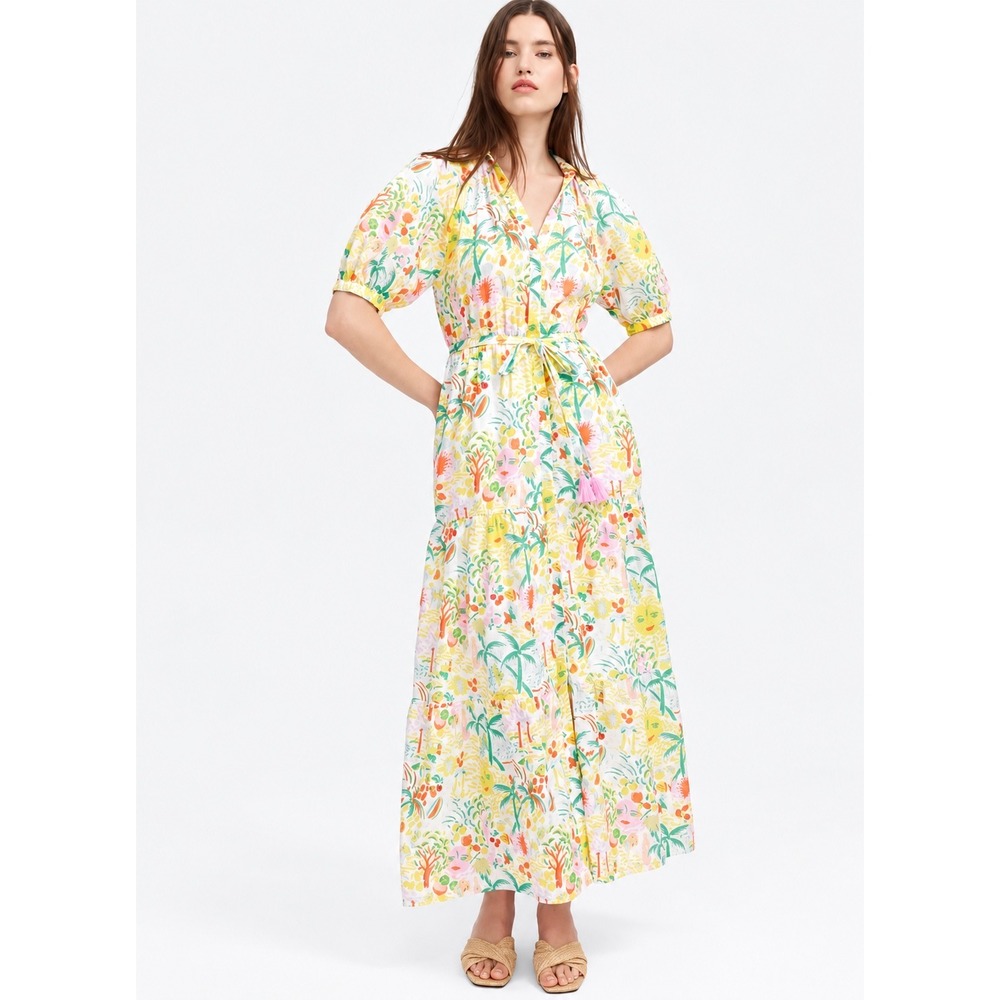Roller Rabbit Maxi DressTropical Print Belted Short Sleeve Yellow Medium